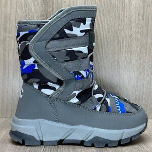 Hobibear Snow Boots Boys Sz 2 Waterproof Fur Lined Winter Camouflage Gray Blue